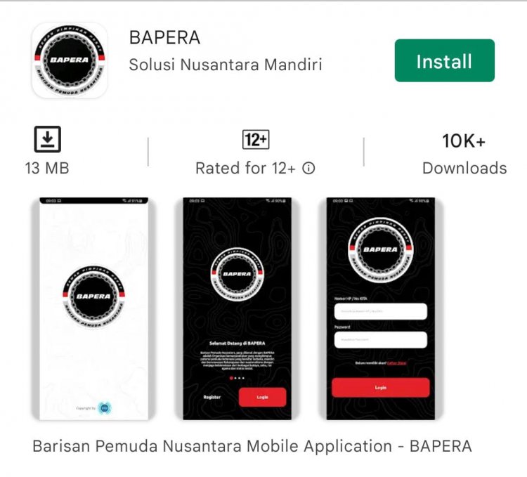 Tampilan Aplikasi Barisan Pemuda Nusantara (Bapera) yang dapat di unduh di android lewat Google Play Store