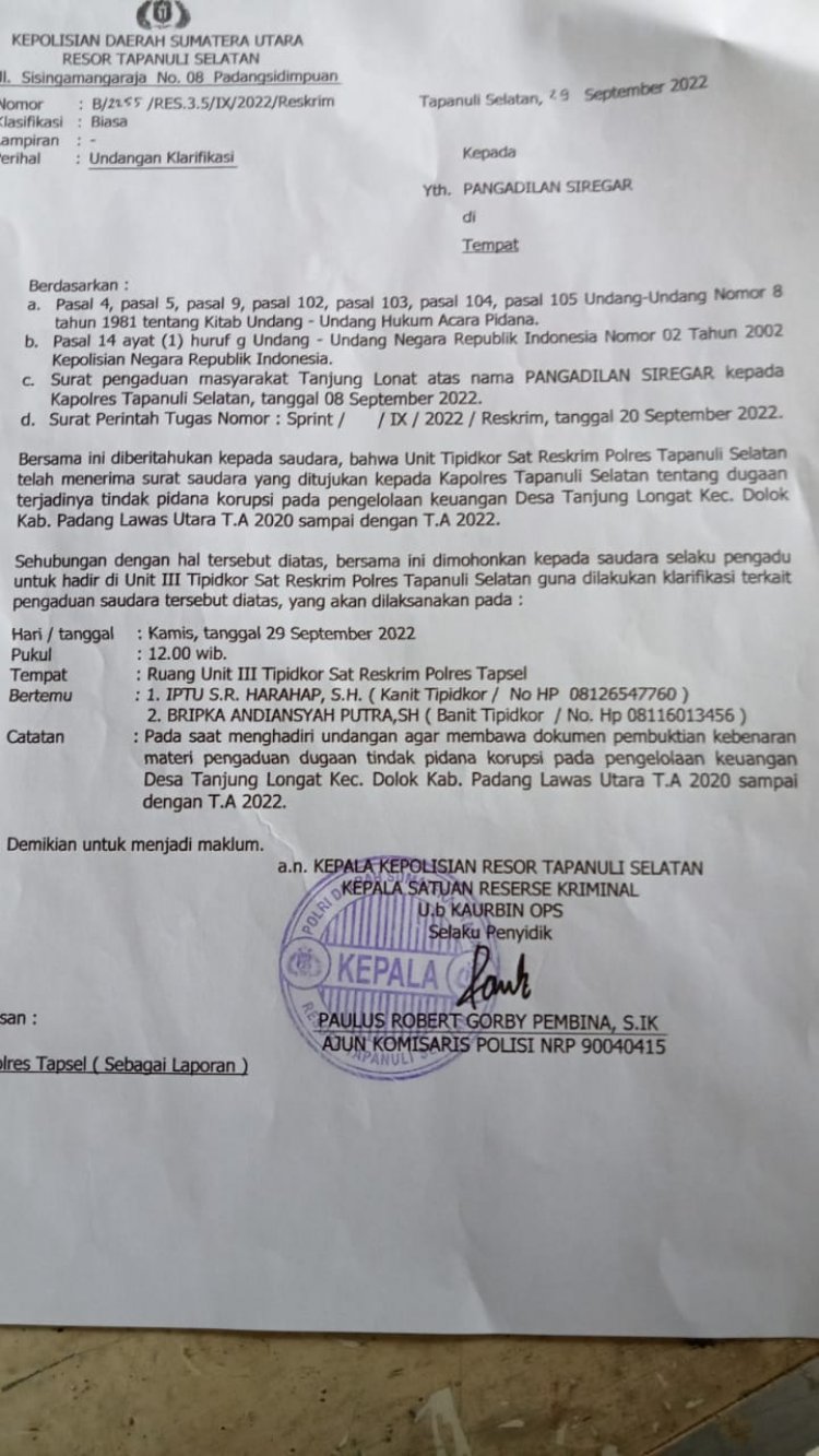 Anggota BPD Tanjung Longat Harap Ada Keadilan Di Polres Tapsel