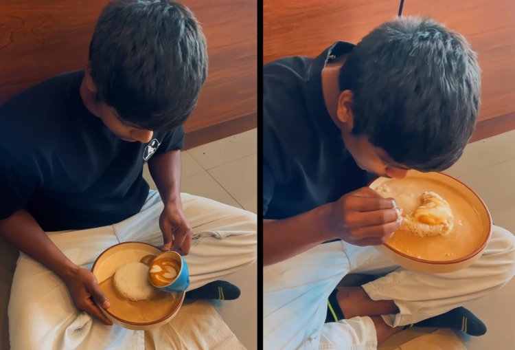 Aksi Aneh, Pria Ini Makan Nasi Campur Kuah Cappucino