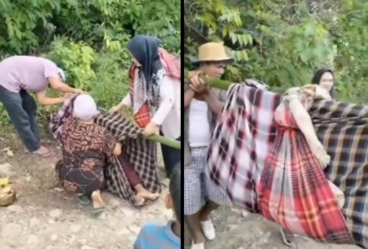 Viral! Wanita di Sumut Ditandu Sejauh 1 Km Akibat Jembatan Rusak