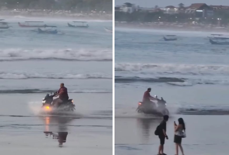 Bule di Bali Bawa Motor Kelilingi Pantai Bak Naik Jetski