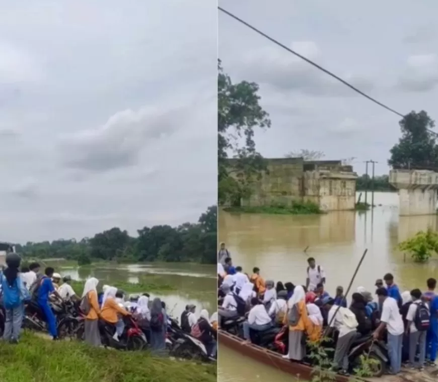 Viral! Video Siswa-Siswi SMA di Lampung Timur Naik Getek gegara Jembatan Terbengkalai